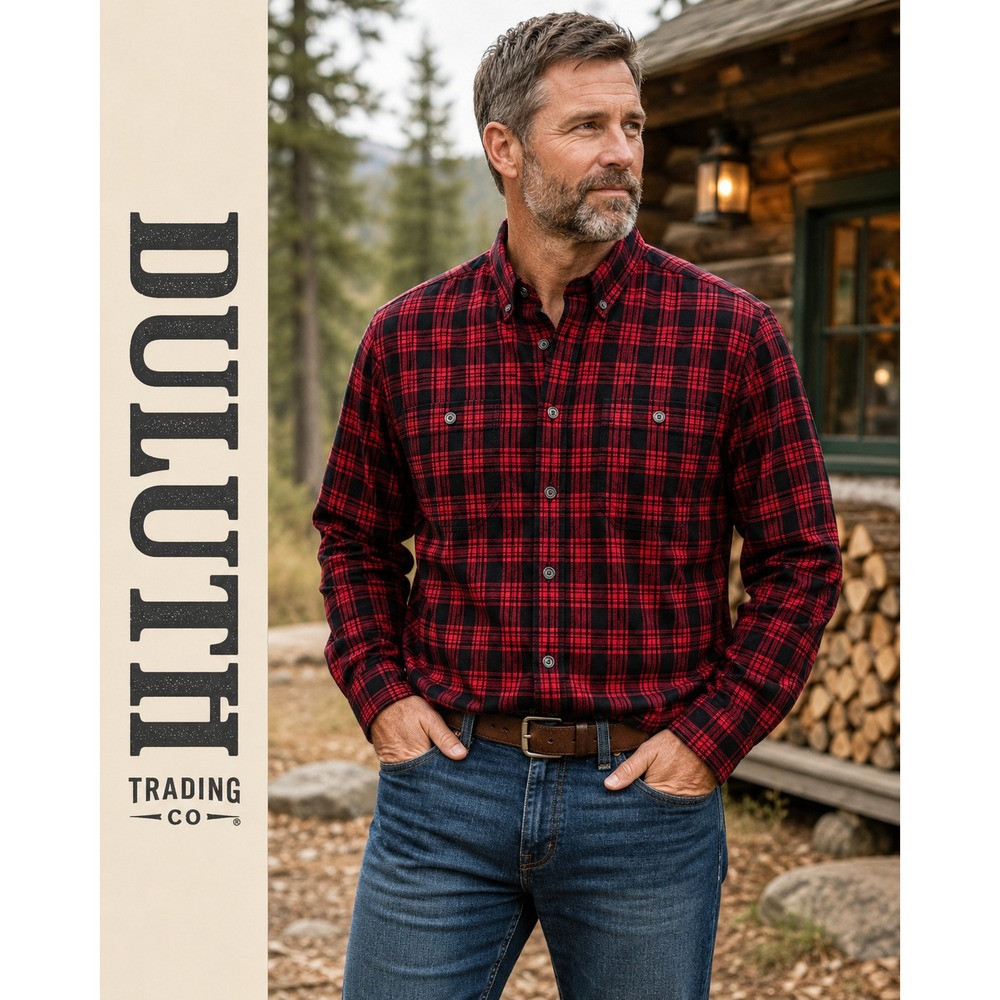 Duluth Trading Co Flannel Shirt Mens 2XL Red Black Plaid Long Sleeve Button Down